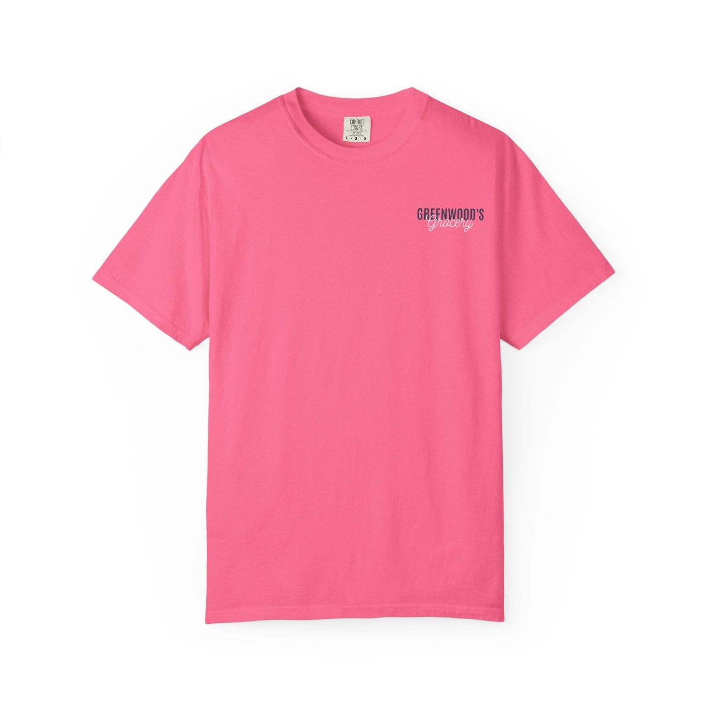 Greenwood's Grocery Truck Comfort Colors tee in Crunchberry, front view