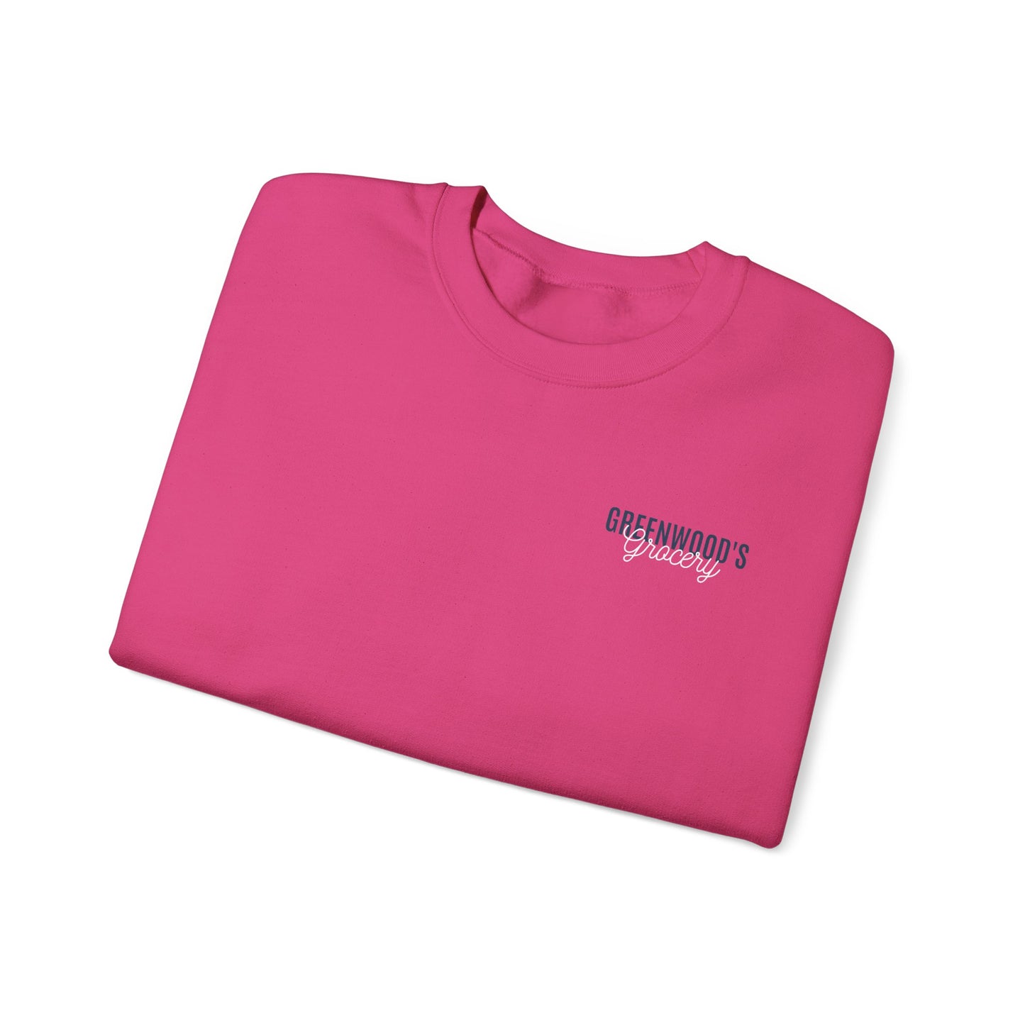 Greenwood's Grocery Truck crewneck in Heliconia, folded