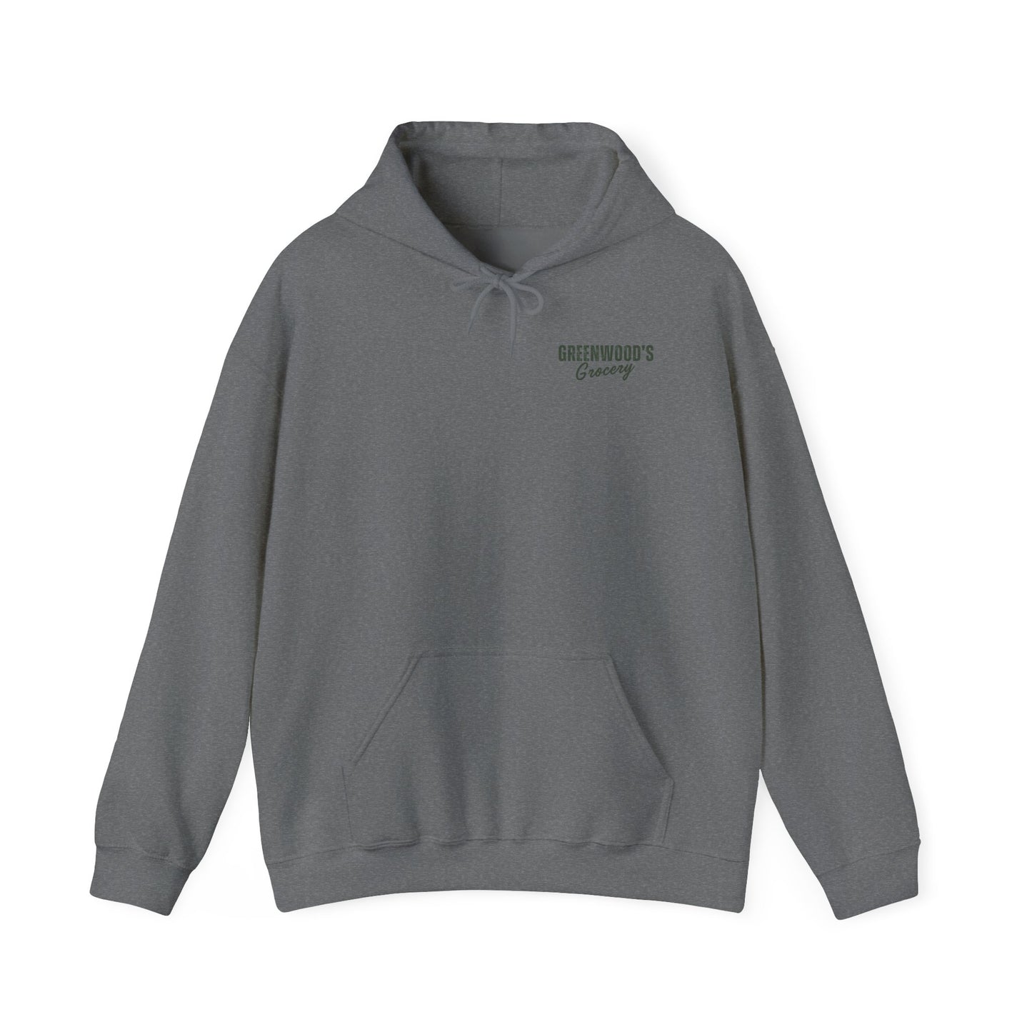 Greenwood's Grocery Vintage hoodie in Graphite Heather, front view