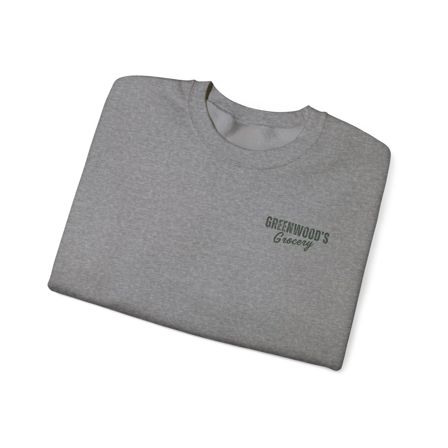 Greenwood's Grocery Vintage Truck crewneck in Graphite Heather, folded