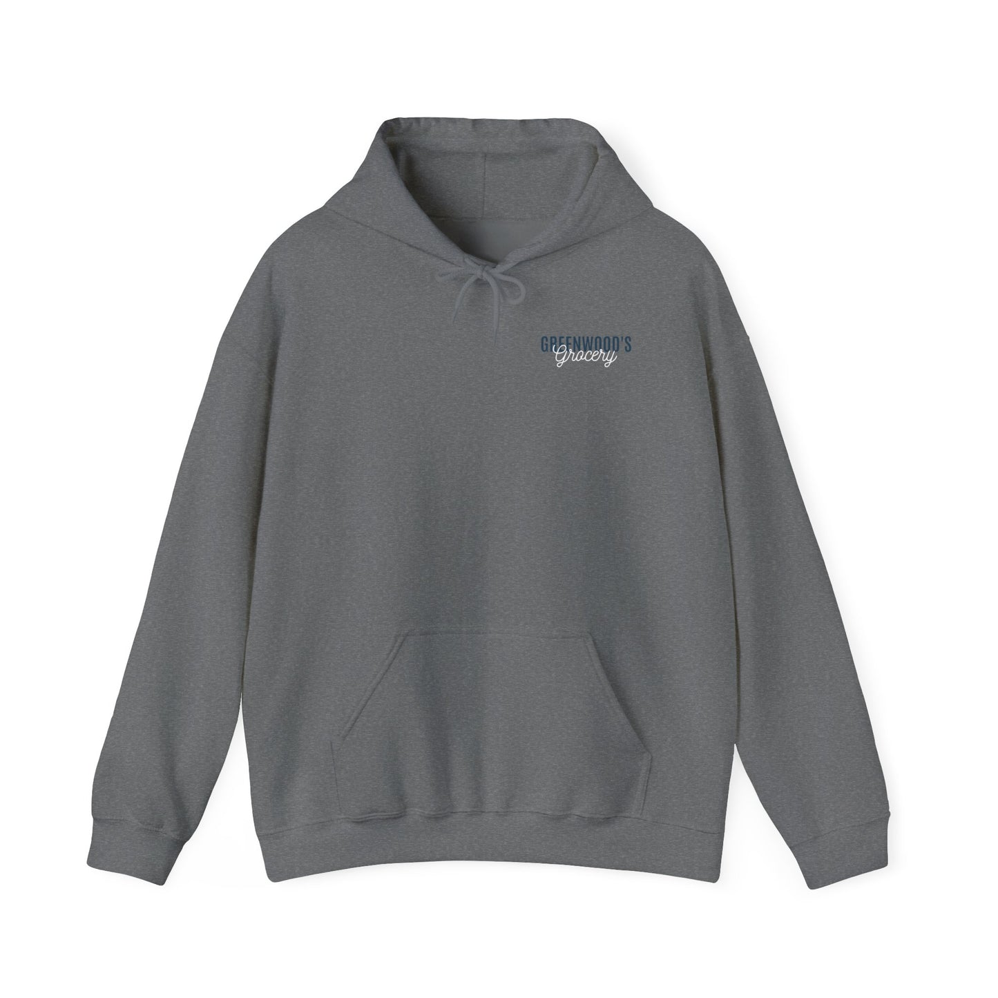 Greenwood's Grocery Vintage Truck hoodie in Graphite Heather, front view