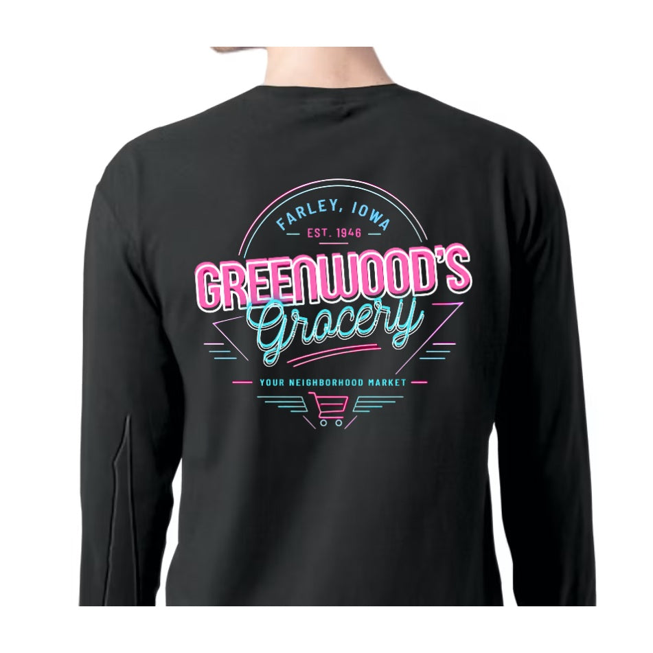 Greenwood's Grocery Neon long sleeve in Black, back view