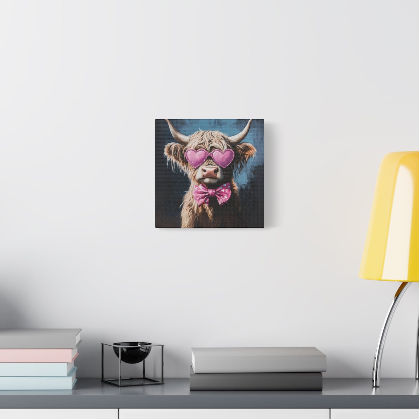 Highland Cow Canvas Wall Art | Fun & Whimsical Farmhouse Decor with Heart Glasses and Bow
