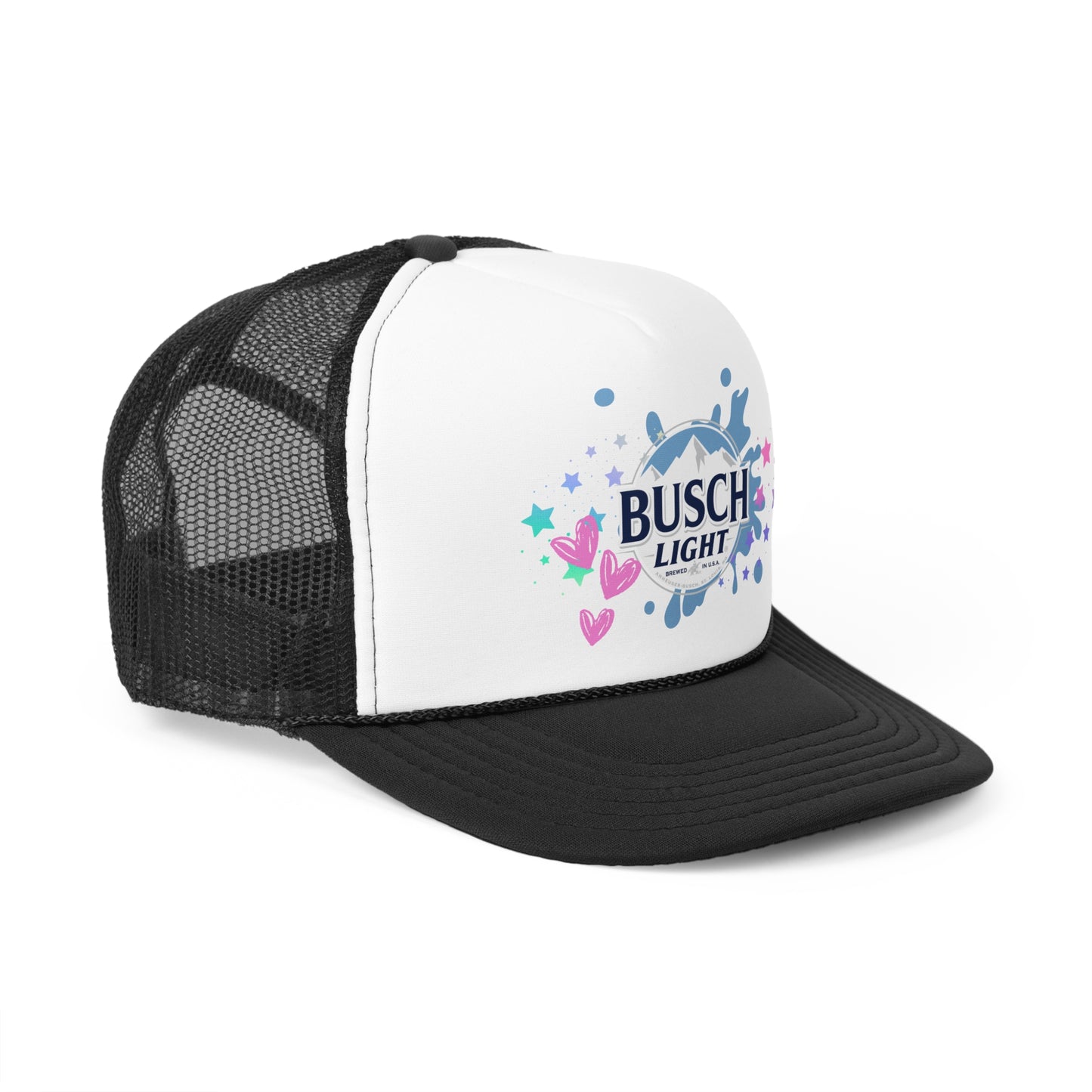 Busch Light Trucker Hat with Colorful Stars and Hearts Design