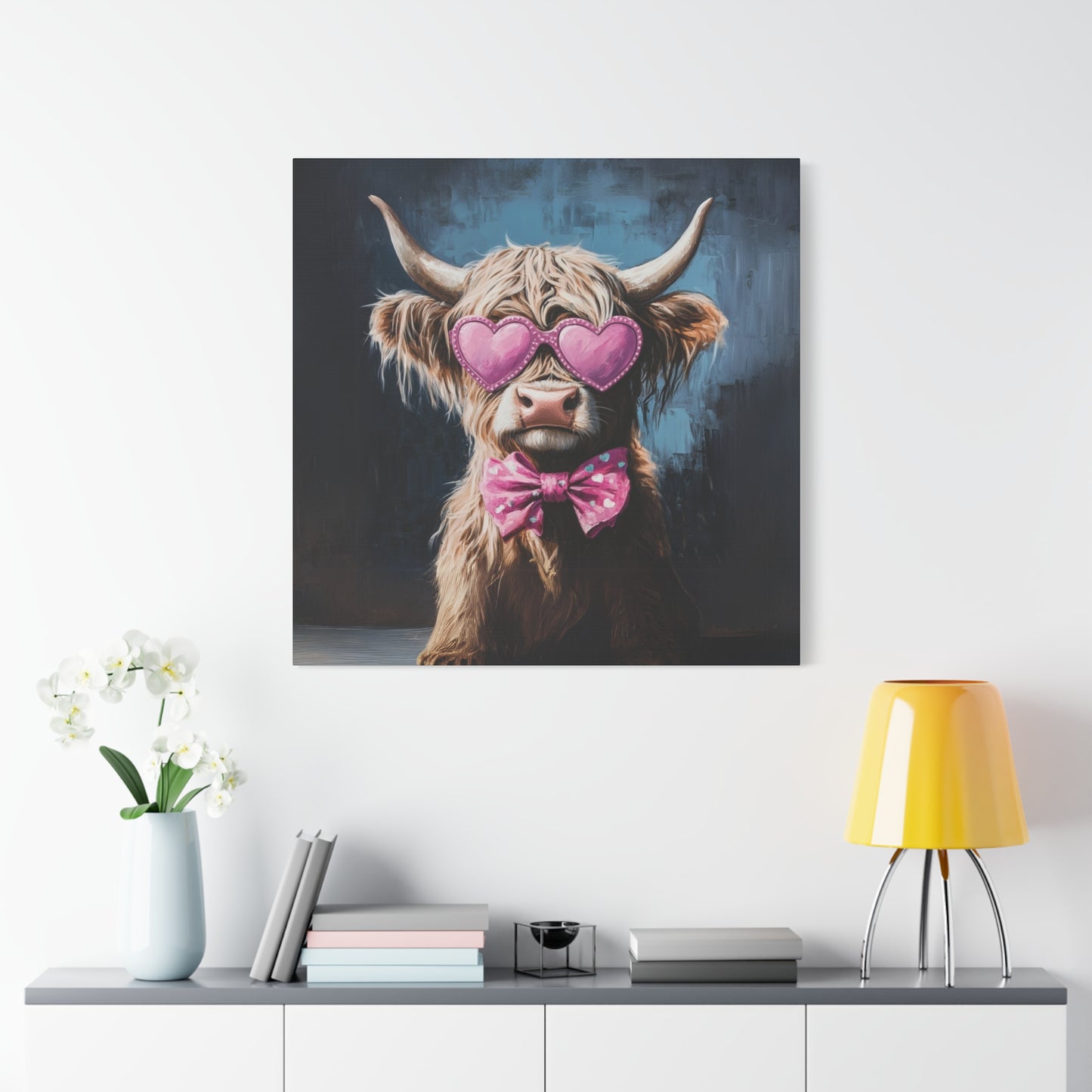 Highland Cow Canvas Wall Art | Fun & Whimsical Farmhouse Decor with Heart Glasses and Bow