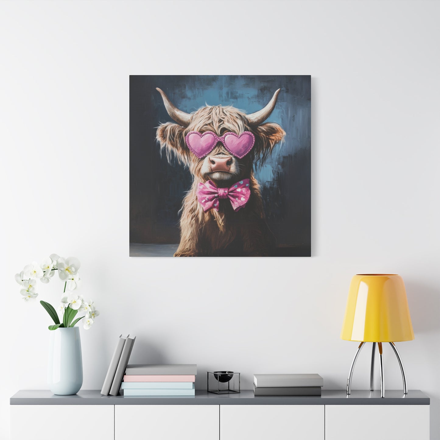 Highland Cow Canvas Wall Art | Fun & Whimsical Farmhouse Decor with Heart Glasses and Bow
