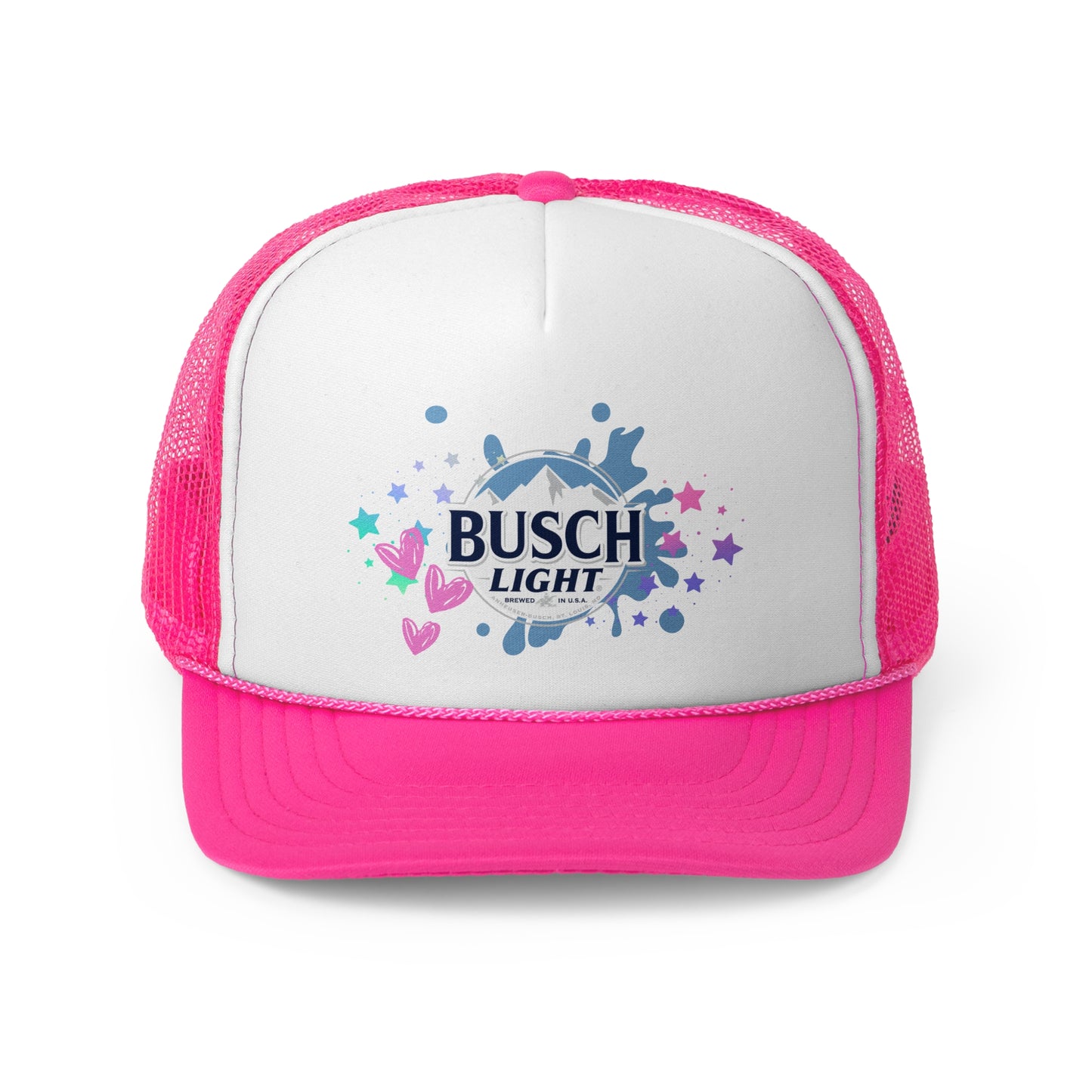 Busch Light Trucker Hat with Colorful Stars and Hearts Design