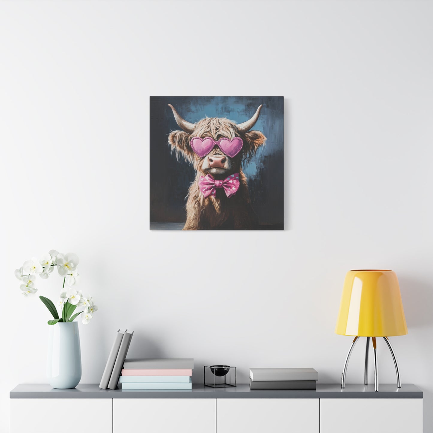 Highland Cow Canvas Wall Art | Fun & Whimsical Farmhouse Decor with Heart Glasses and Bow