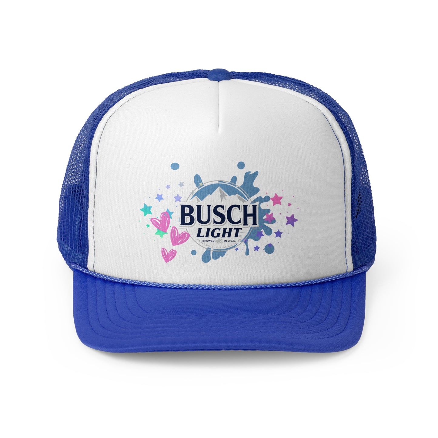 Busch Light Trucker Hat with Colorful Stars and Hearts Design
