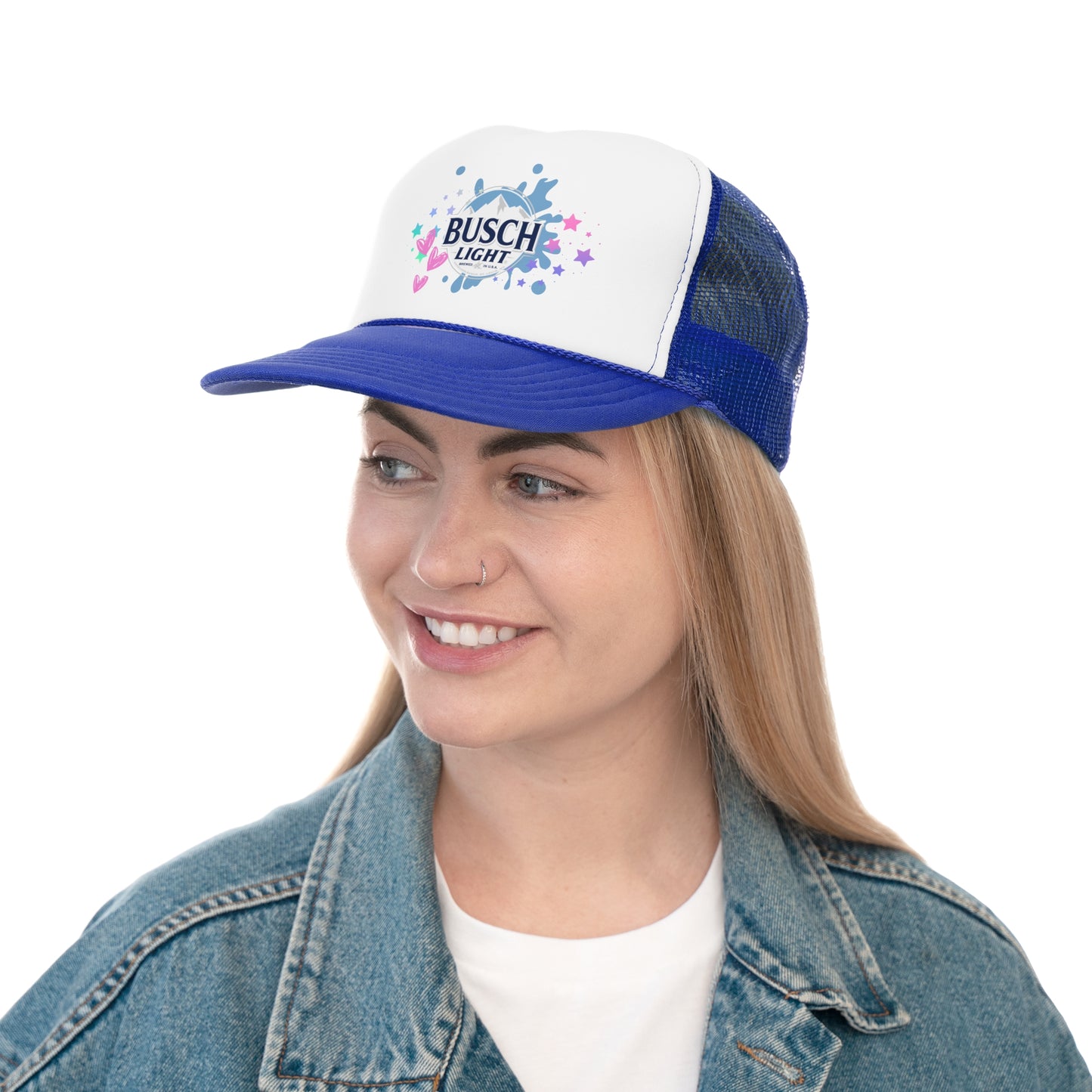 Busch Light Trucker Hat with Colorful Stars and Hearts Design