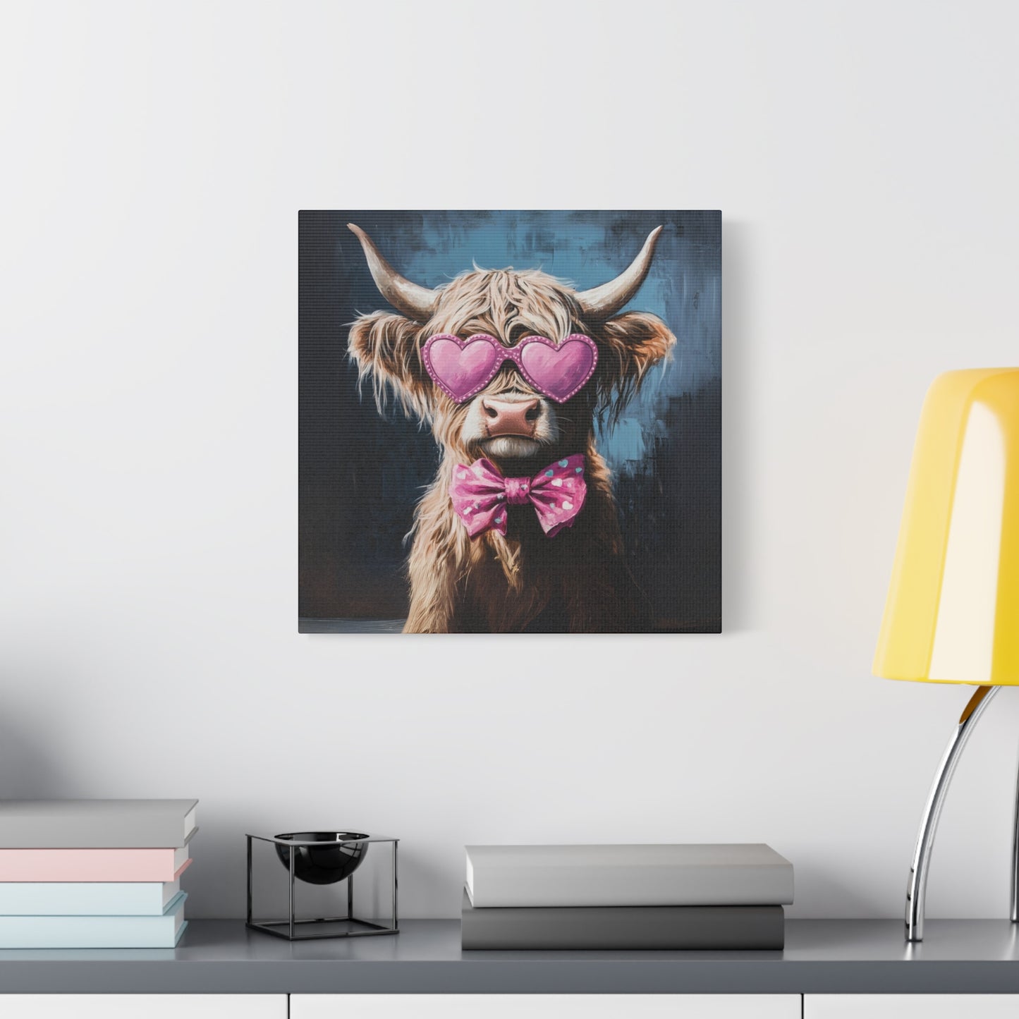 Highland Cow Canvas Wall Art | Fun & Whimsical Farmhouse Decor with Heart Glasses and Bow
