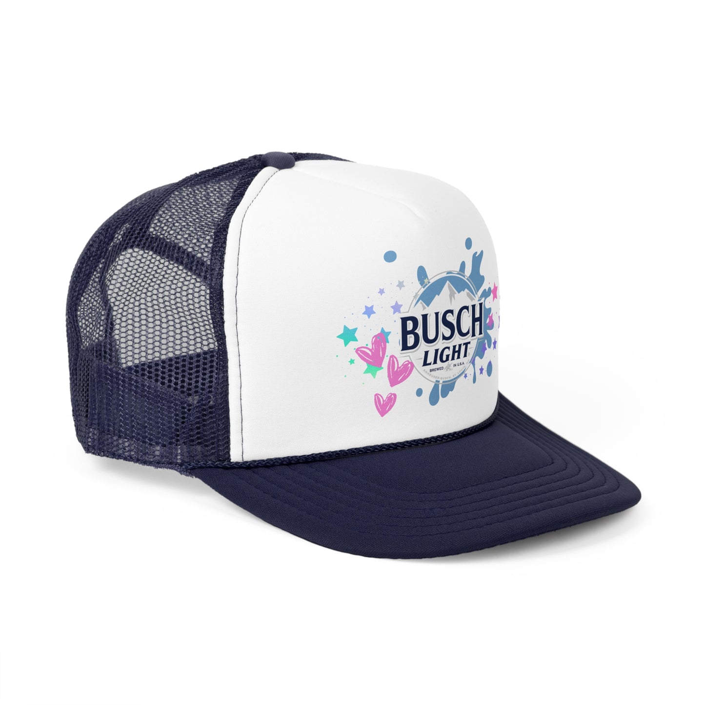 Busch Light Trucker Hat with Colorful Stars and Hearts Design