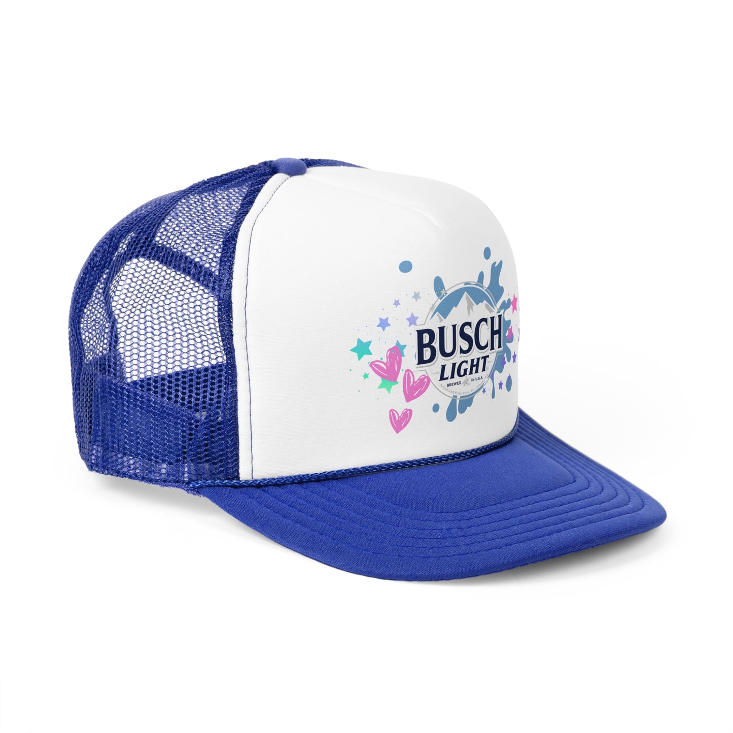 Busch Light Trucker Hat with Colorful Stars and Hearts Design