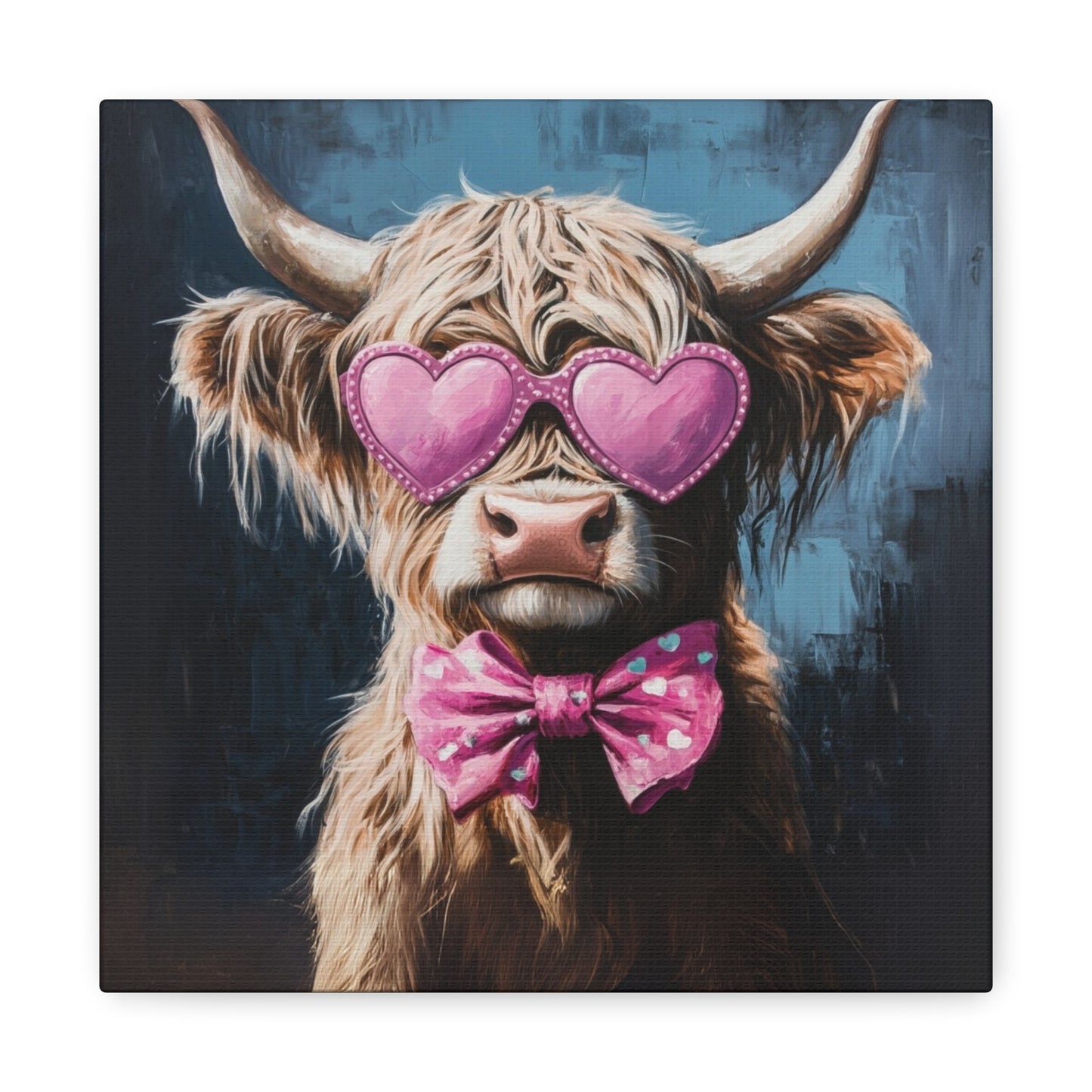 Highland Cow Canvas Wall Art | Fun & Whimsical Farmhouse Decor with Heart Glasses and Bow