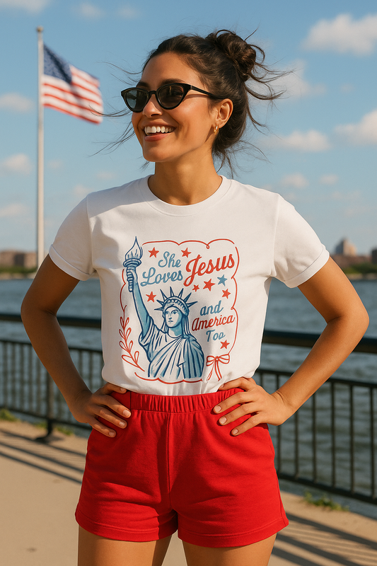 She Loves Jesus and America Too Shirt | Bella Canvas
