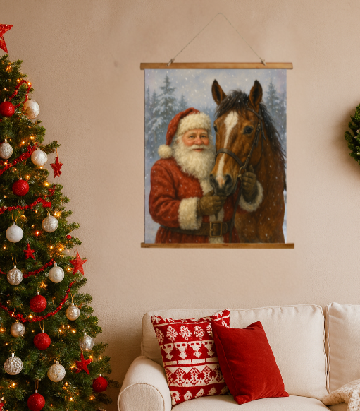 Santa Claus with Horse Wall Tapestry - Holiday Decor 26"x36"