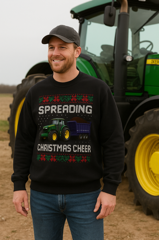 Spreading Christmas Cheer Green Tractor Sweatshirt | Farm Holiday Ugly Sweater