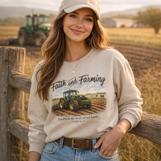 Faith and Farming Crewneck Sweatshirt | Psalm 90:17 | Christian Farm Wife Gift