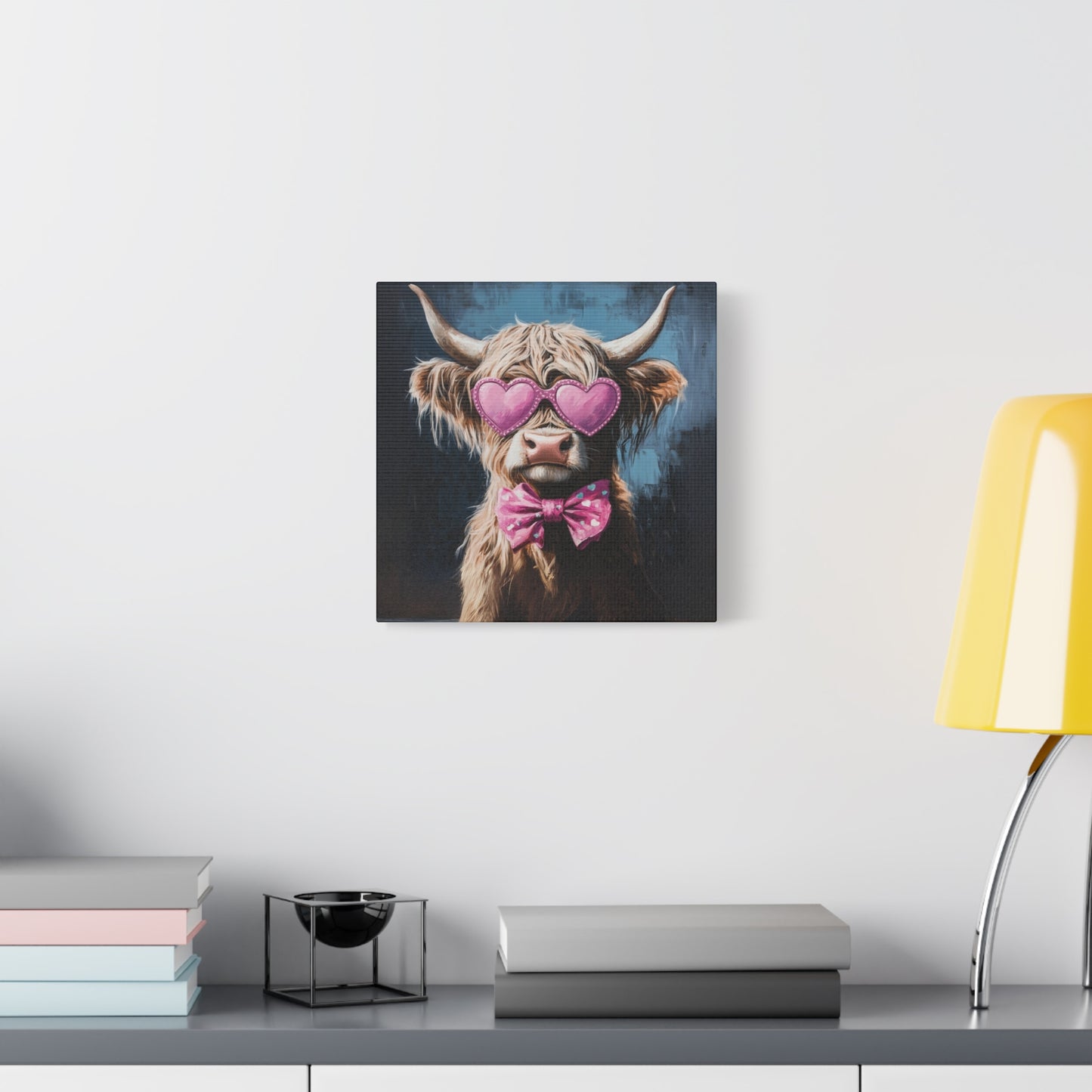 Highland Cow Canvas Wall Art | Fun & Whimsical Farmhouse Decor with Heart Glasses and Bow