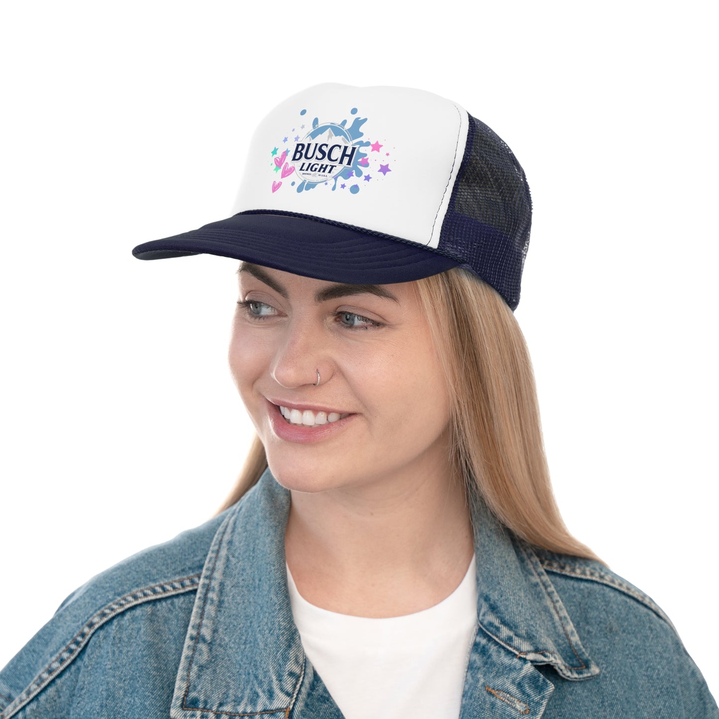 Busch Light Trucker Hat with Colorful Stars and Hearts Design