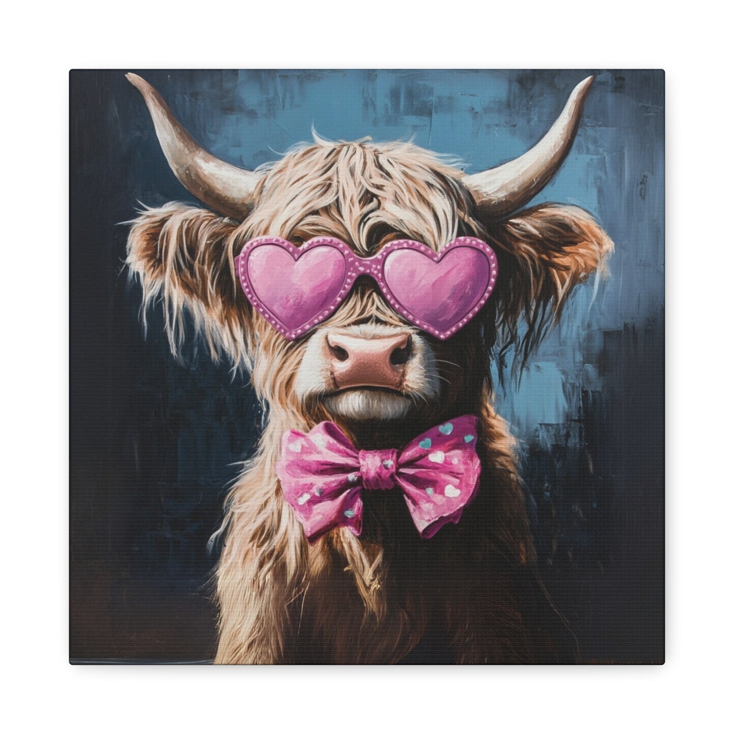 Highland Cow Canvas Wall Art | Fun & Whimsical Farmhouse Decor with Heart Glasses and Bow