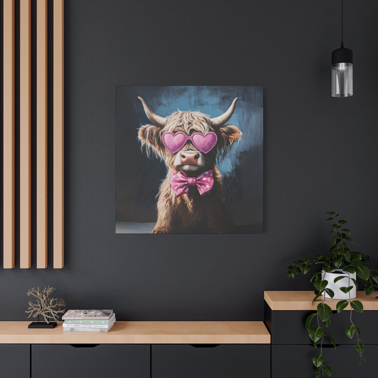 Highland Cow Canvas Wall Art | Fun & Whimsical Farmhouse Decor with Heart Glasses and Bow