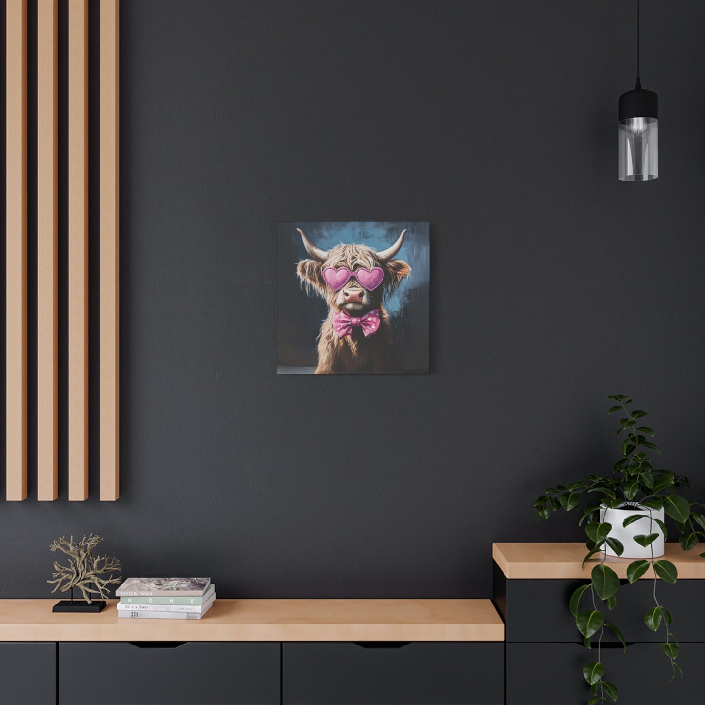 Highland Cow Canvas Wall Art | Fun & Whimsical Farmhouse Decor with Heart Glasses and Bow