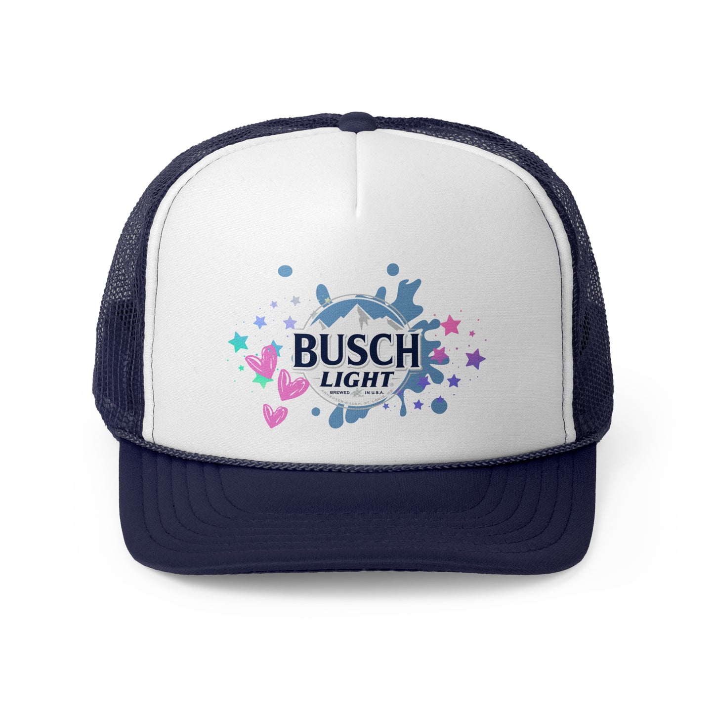 Busch Light Trucker Hat with Colorful Stars and Hearts Design