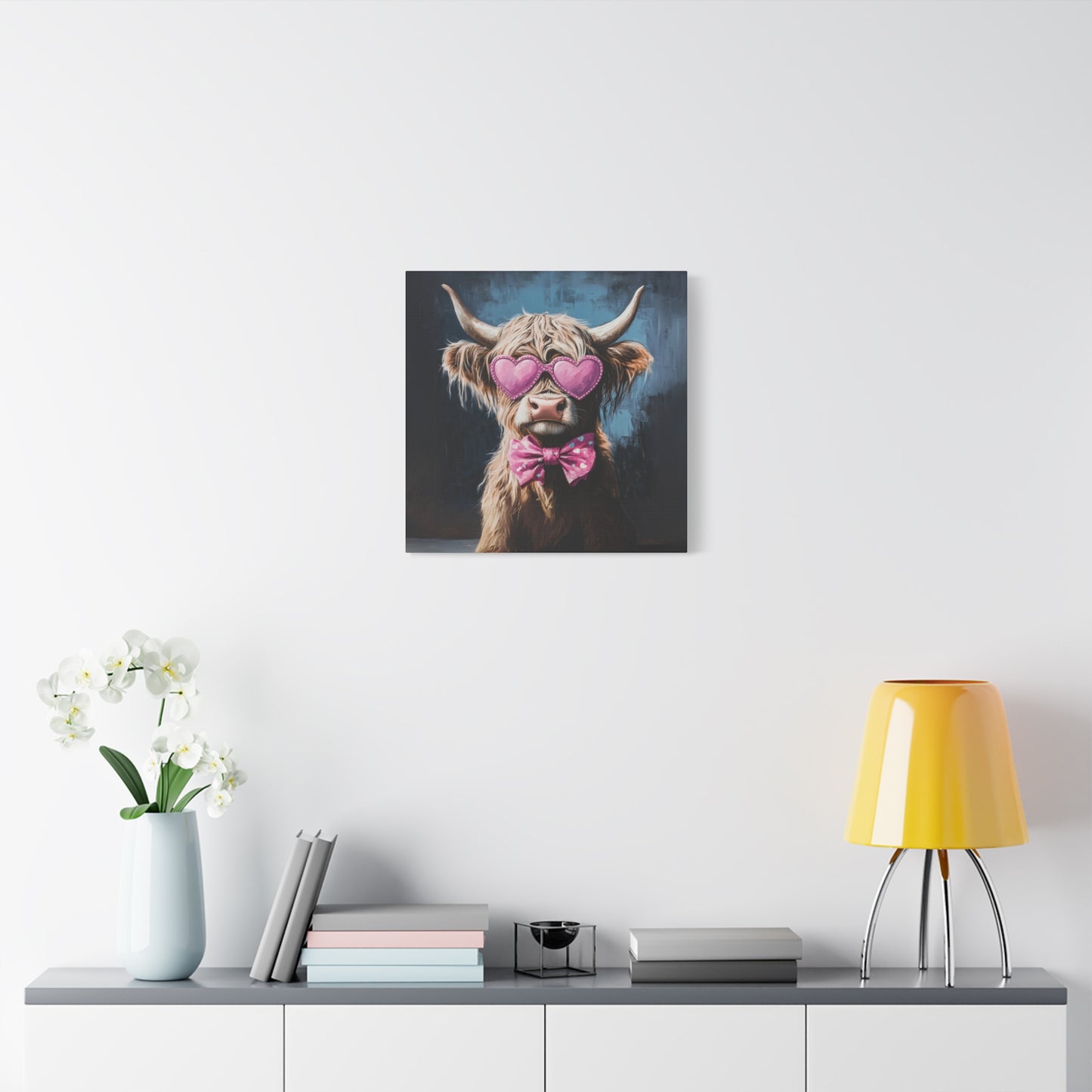 Highland Cow Canvas Wall Art | Fun & Whimsical Farmhouse Decor with Heart Glasses and Bow
