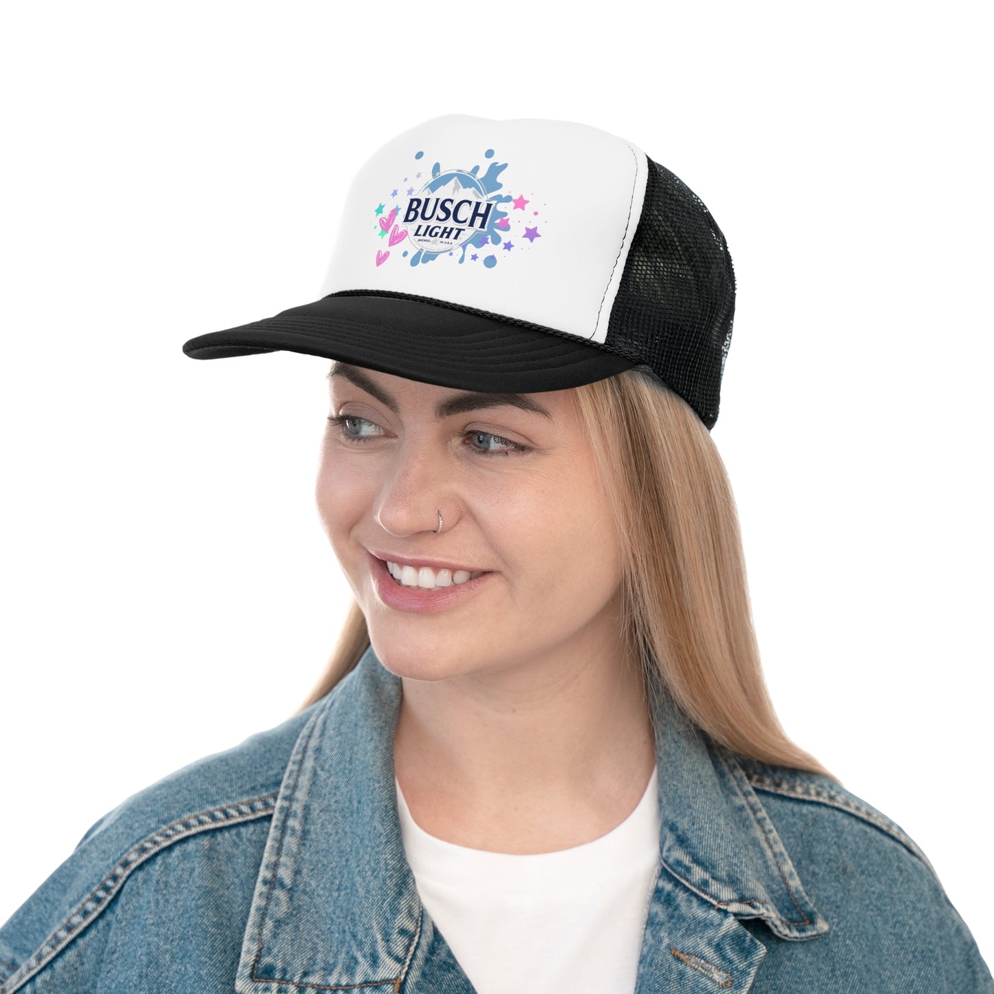 Busch Light Trucker Hat with Colorful Stars and Hearts Design