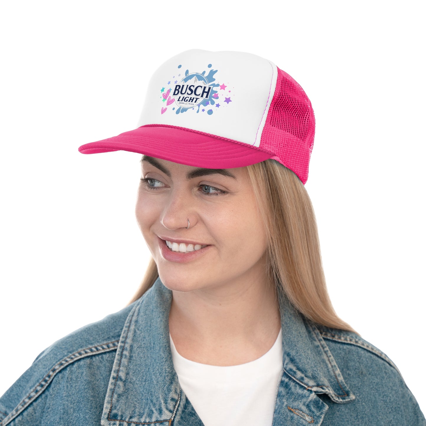 Busch Light Trucker Hat with Colorful Stars and Hearts Design
