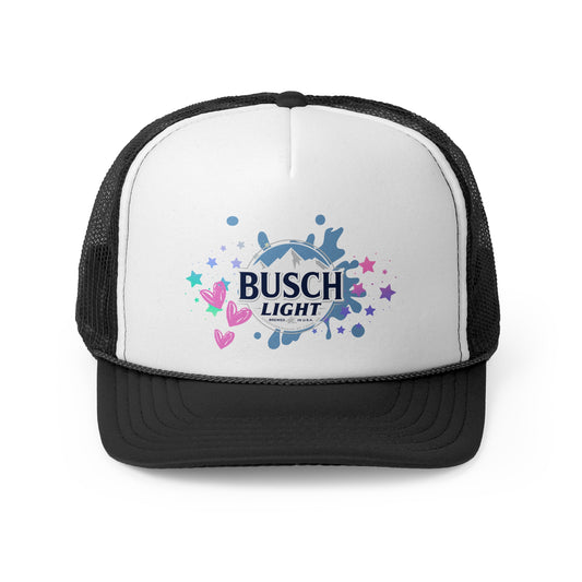 Busch Light Trucker Hat with Colorful Stars and Hearts Design