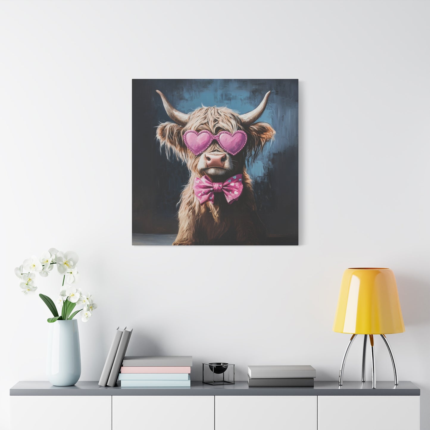 Highland Cow Canvas Wall Art | Fun & Whimsical Farmhouse Decor with Heart Glasses and Bow