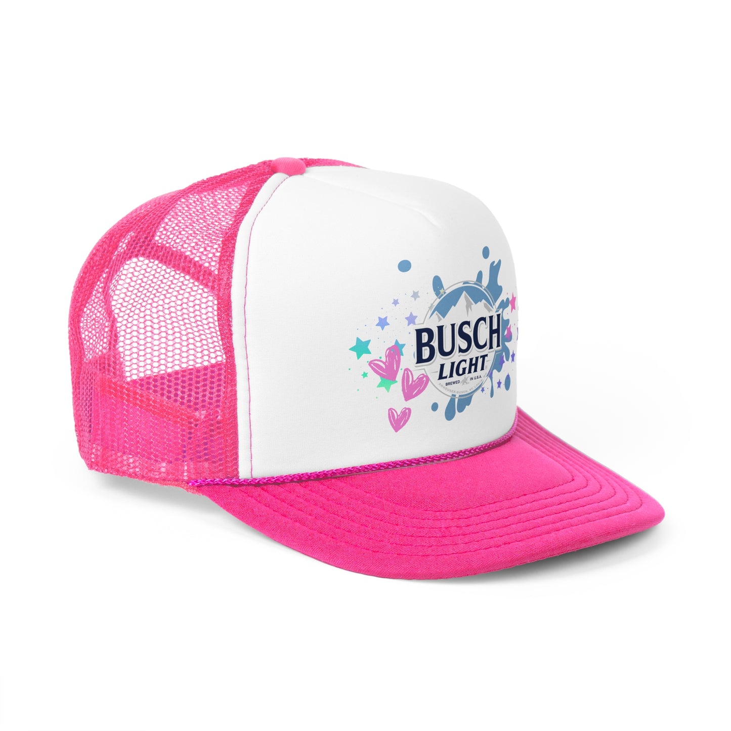 Busch Light Trucker Hat with Colorful Stars and Hearts Design