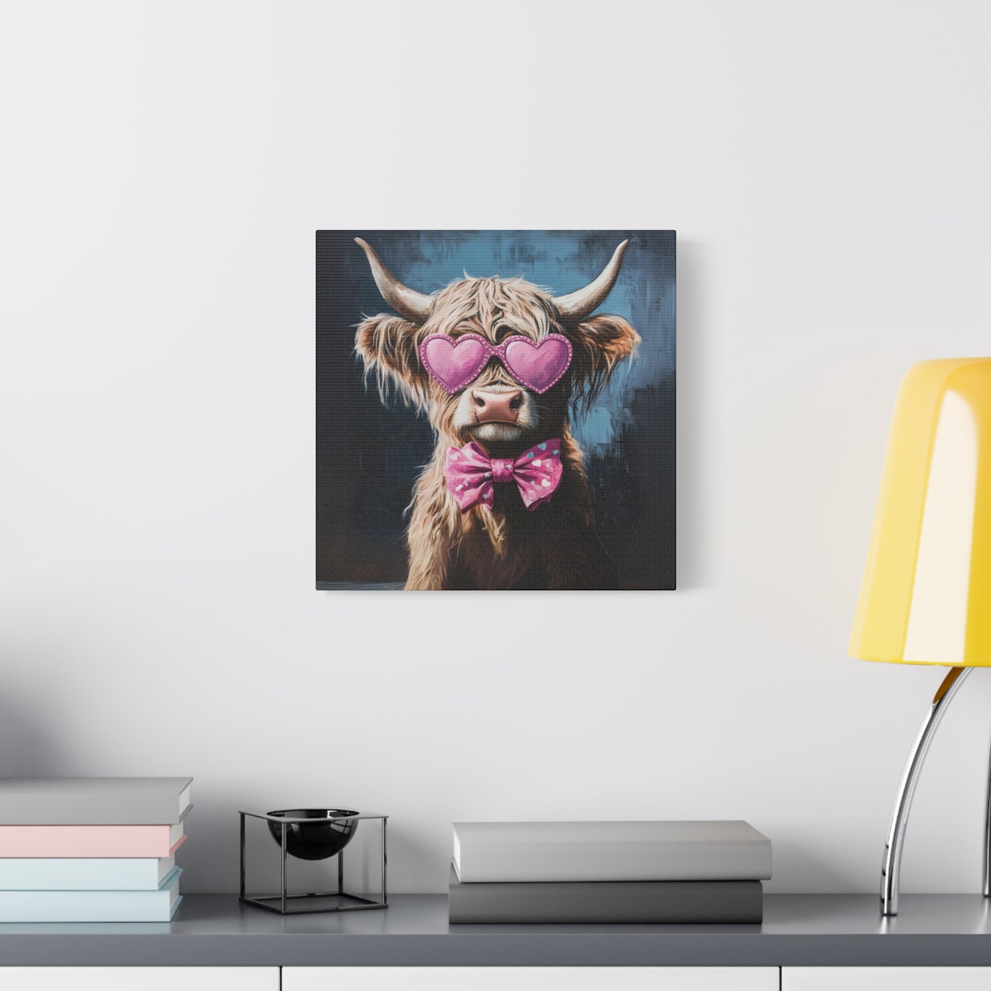 Highland Cow Canvas Wall Art | Fun & Whimsical Farmhouse Decor with Heart Glasses and Bow