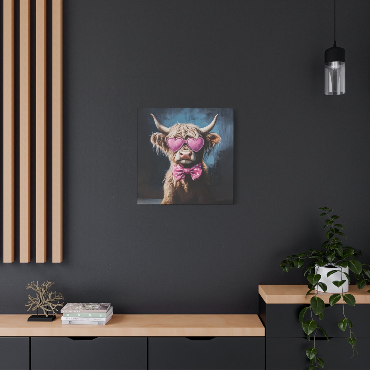 Highland Cow Canvas Wall Art | Fun & Whimsical Farmhouse Decor with Heart Glasses and Bow