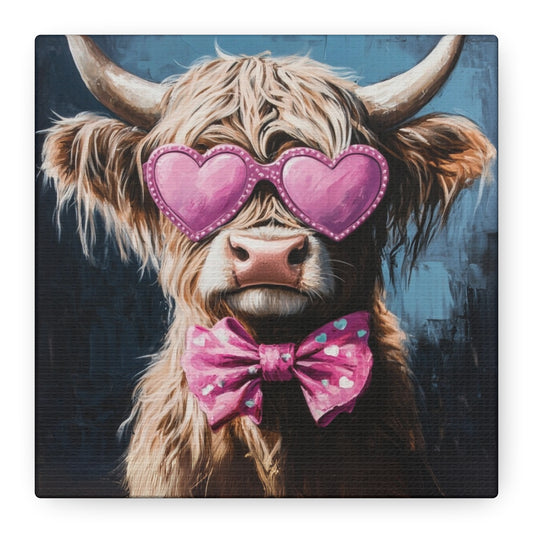 Highland Cow Canvas Wall Art | Fun & Whimsical Farmhouse Decor with Heart Glasses and Bow