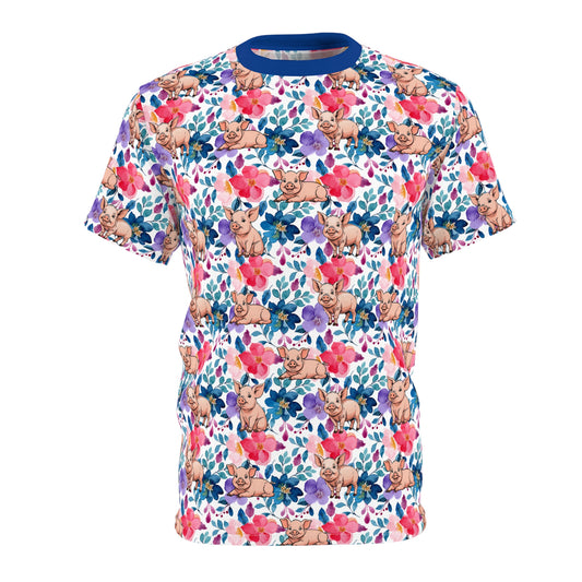 Floral Pig Unisex Cut & Sew Tee, Cute Animal Shirt, Unique Gift, Floral Pattern T-shirt, Summer Fashion Top, Fun Tees for Any Occasion