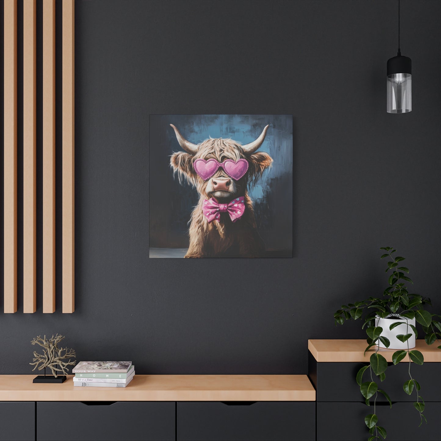Highland Cow Canvas Wall Art | Fun & Whimsical Farmhouse Decor with Heart Glasses and Bow