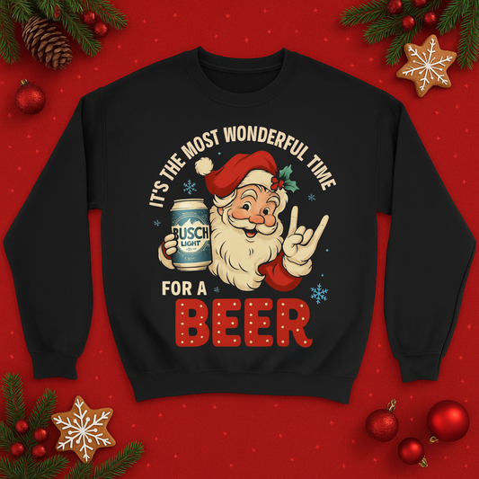 Christmas Santa Beer Sweatshirt — "It's the Most Wonderful Time for a Beer" Holiday Crewneck