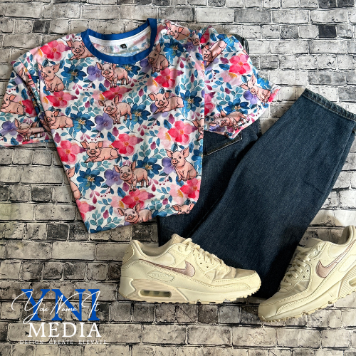 Floral Pig Unisex Cut & Sew Tee, Cute Animal Shirt, Unique Gift, Floral Pattern T-shirt, Summer Fashion Top, Fun Tees for Any Occasion