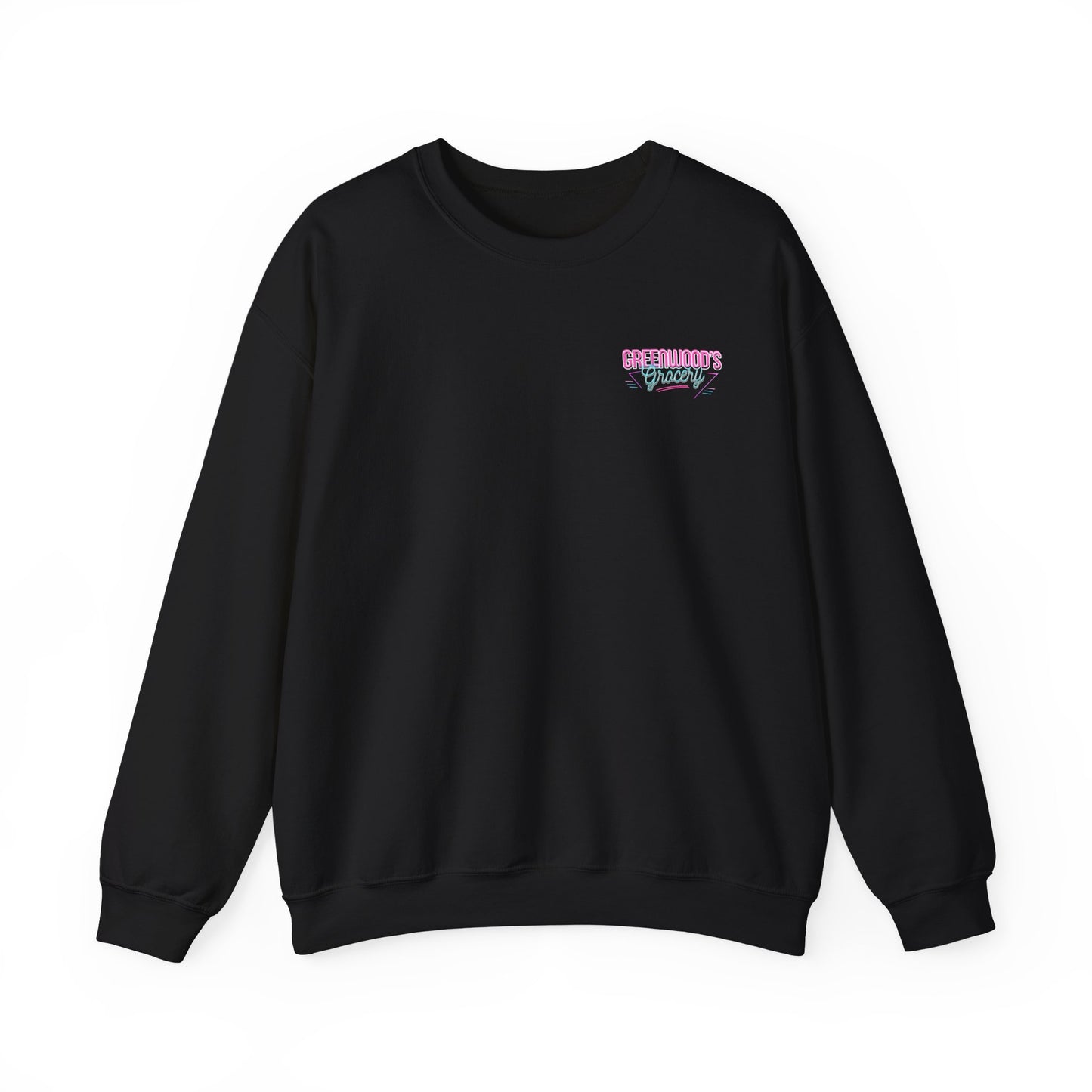 Greenwood's Grocery Neon crewneck in Black, front view