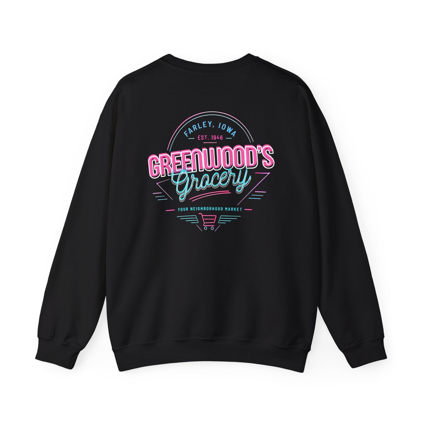 Greenwood's Grocery Neon crewneck in Black, back view