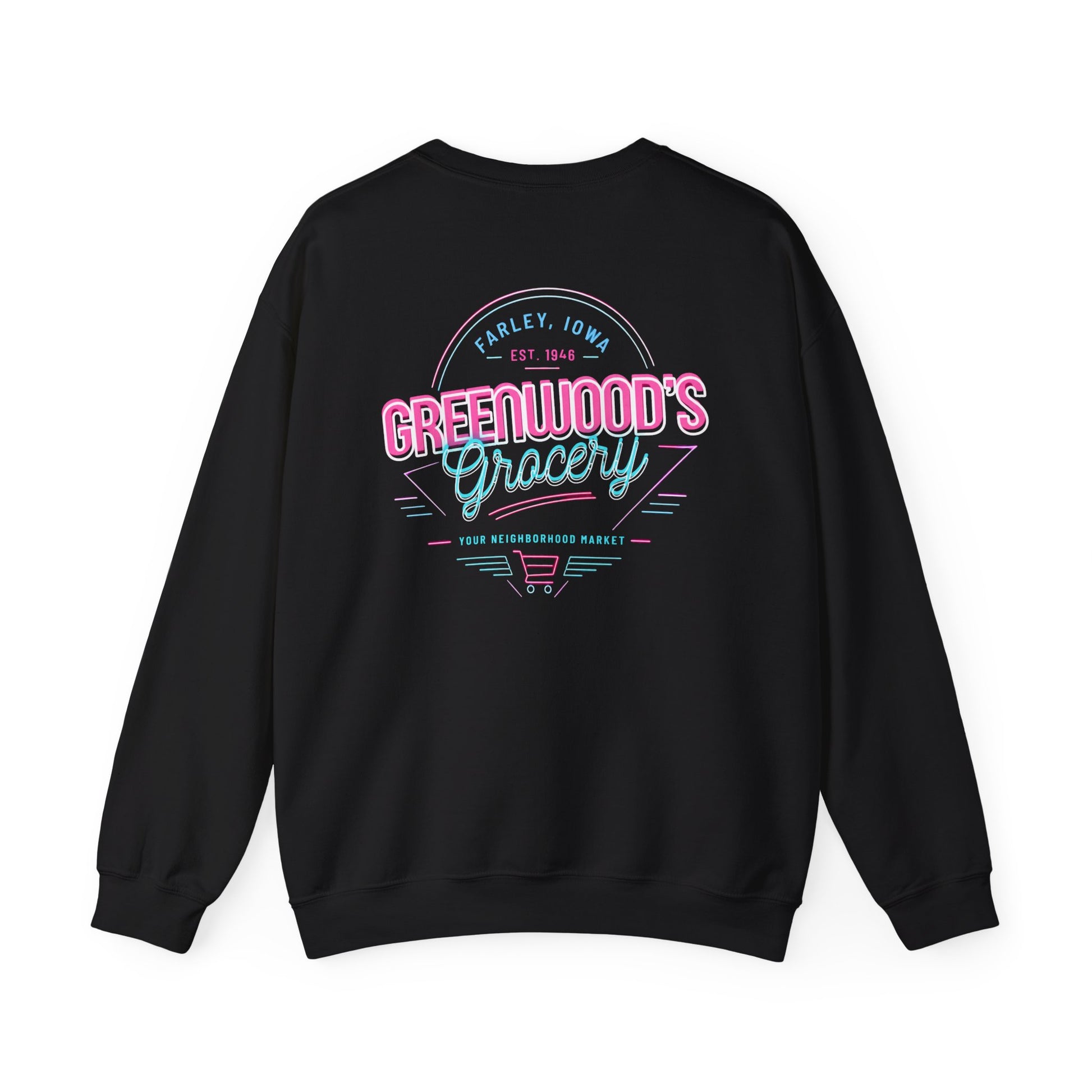 Greenwood's Grocery Neon crewneck in Black, back view