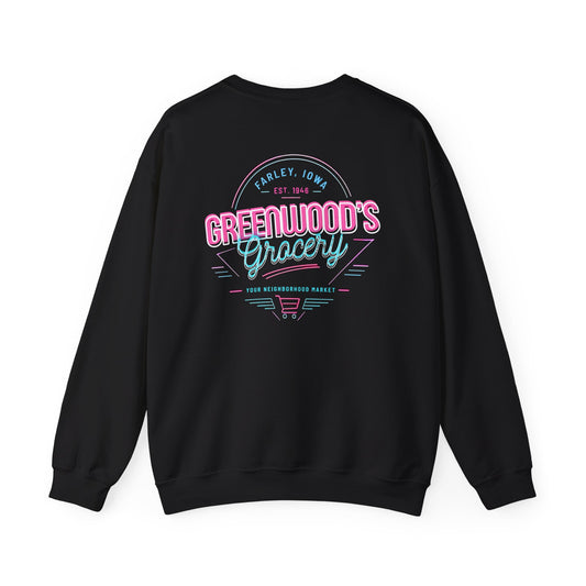 Greenwood's Grocery Neon crewneck in Black, back view