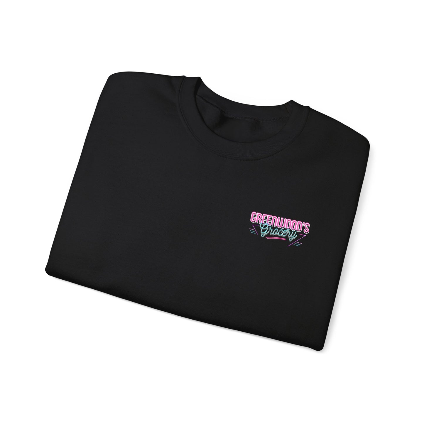 Greenwood's Grocery Neon crewneck in Black, folded