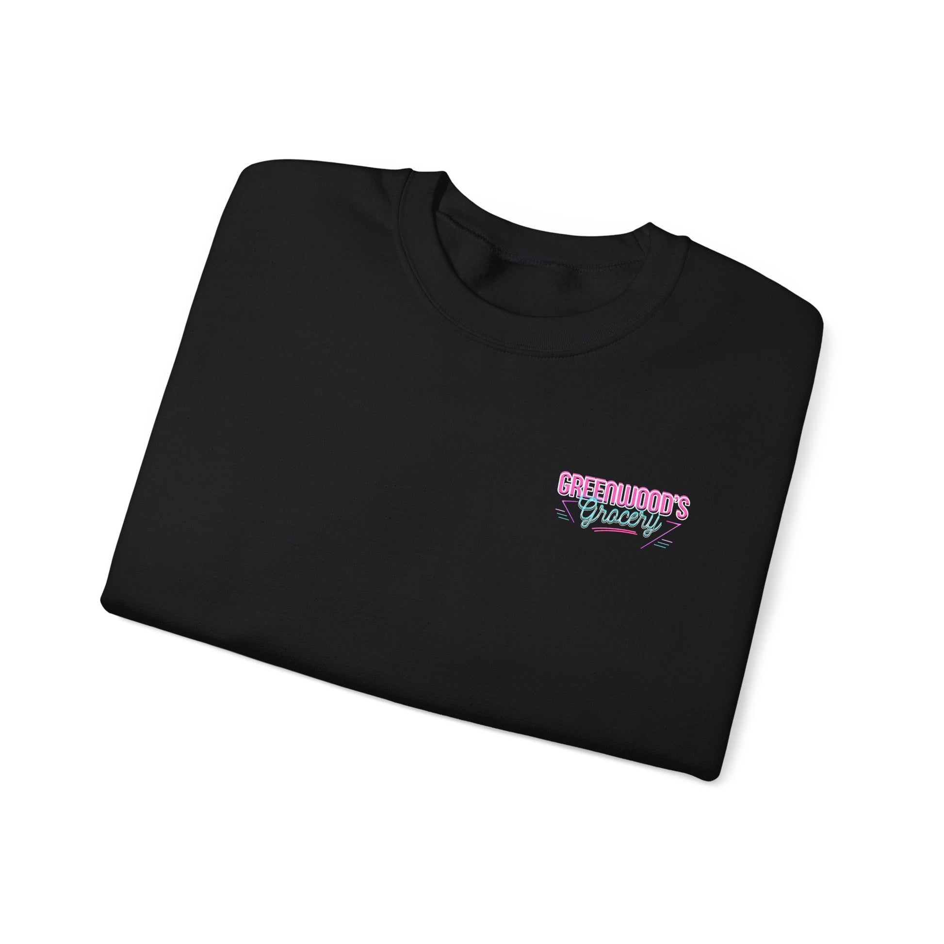 Greenwood's Grocery Neon crewneck in Black, folded