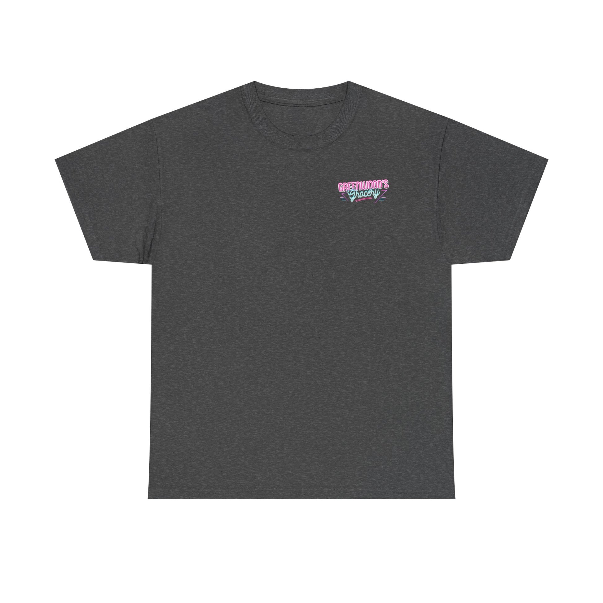 Greenwood's Grocery Neon tee in Dark Heather, front view