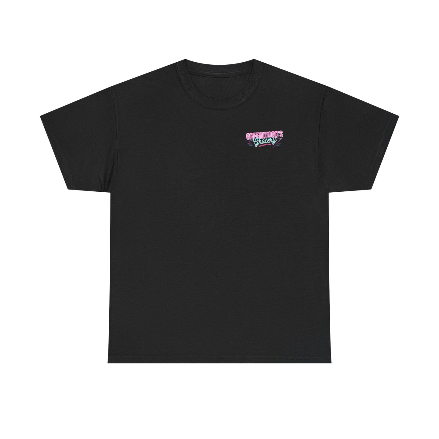 Greenwood's Grocery Neon tee in Black, front view