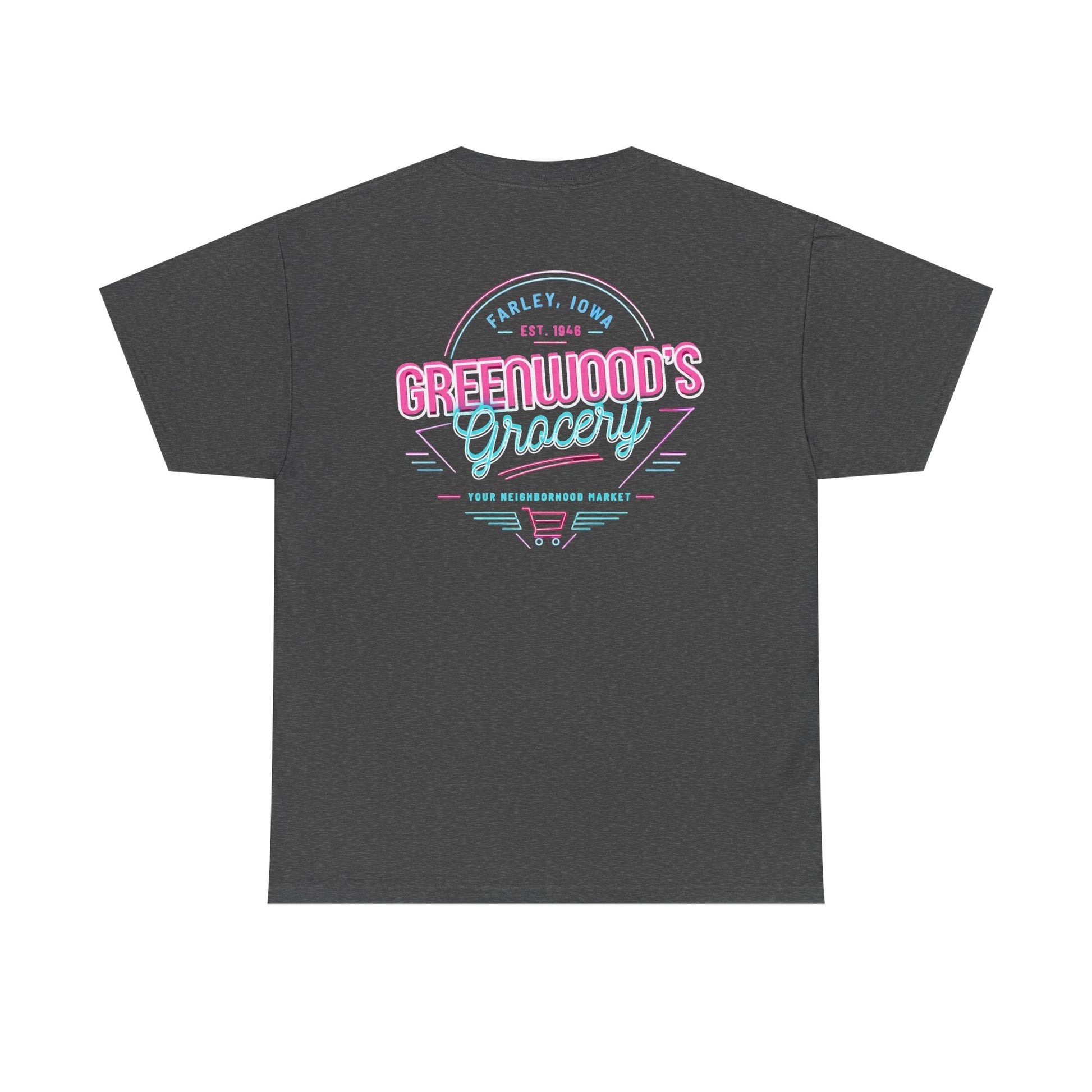 Greenwood's Grocery Neon tee in Dark Heather, back view